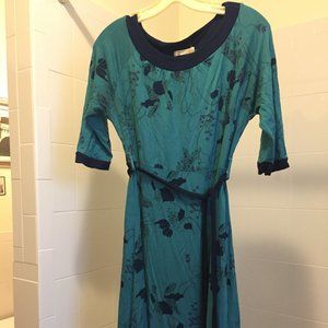 Anthropologie Tulle Teal Blue Floral Belted Dress